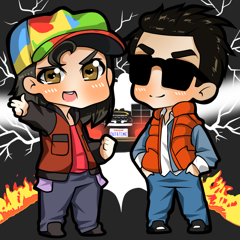Cartoon of Bobby and Jason as Back to the Future characters with the DeLorean