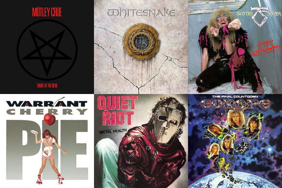 A selection of 1980s hair metal album covers