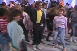 Teen dancers fill the Dance Party USA studio floor, from a late-80s promo tape