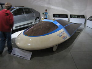 The GM Sunraycer solar car that won the 1987 World Solar Challenge, on museum display