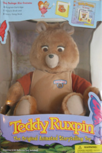 A Teddy Ruxpin animated talking toy in its box