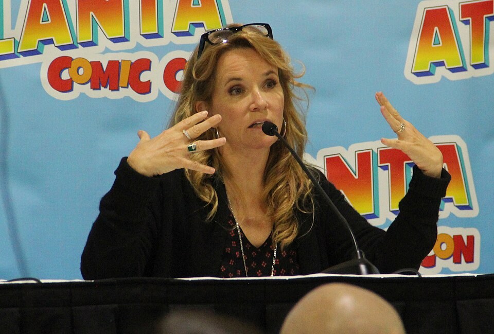 Lea Thompson speaking on a panel at Atlanta Comic Con in 2018